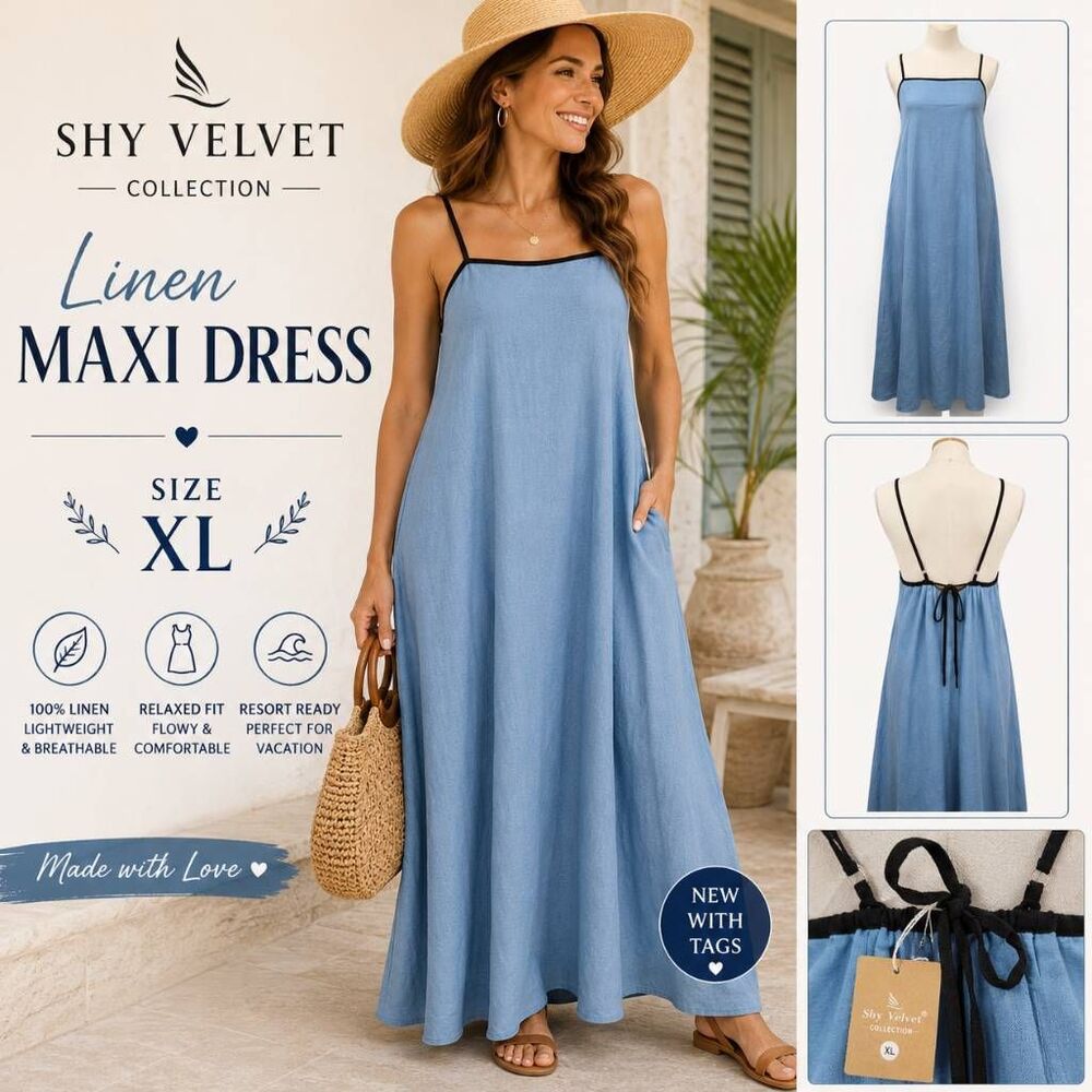 Shy Velvet XL Blue Linen Maxi Dress NWT Adjustable Strap Sleeveless Boho